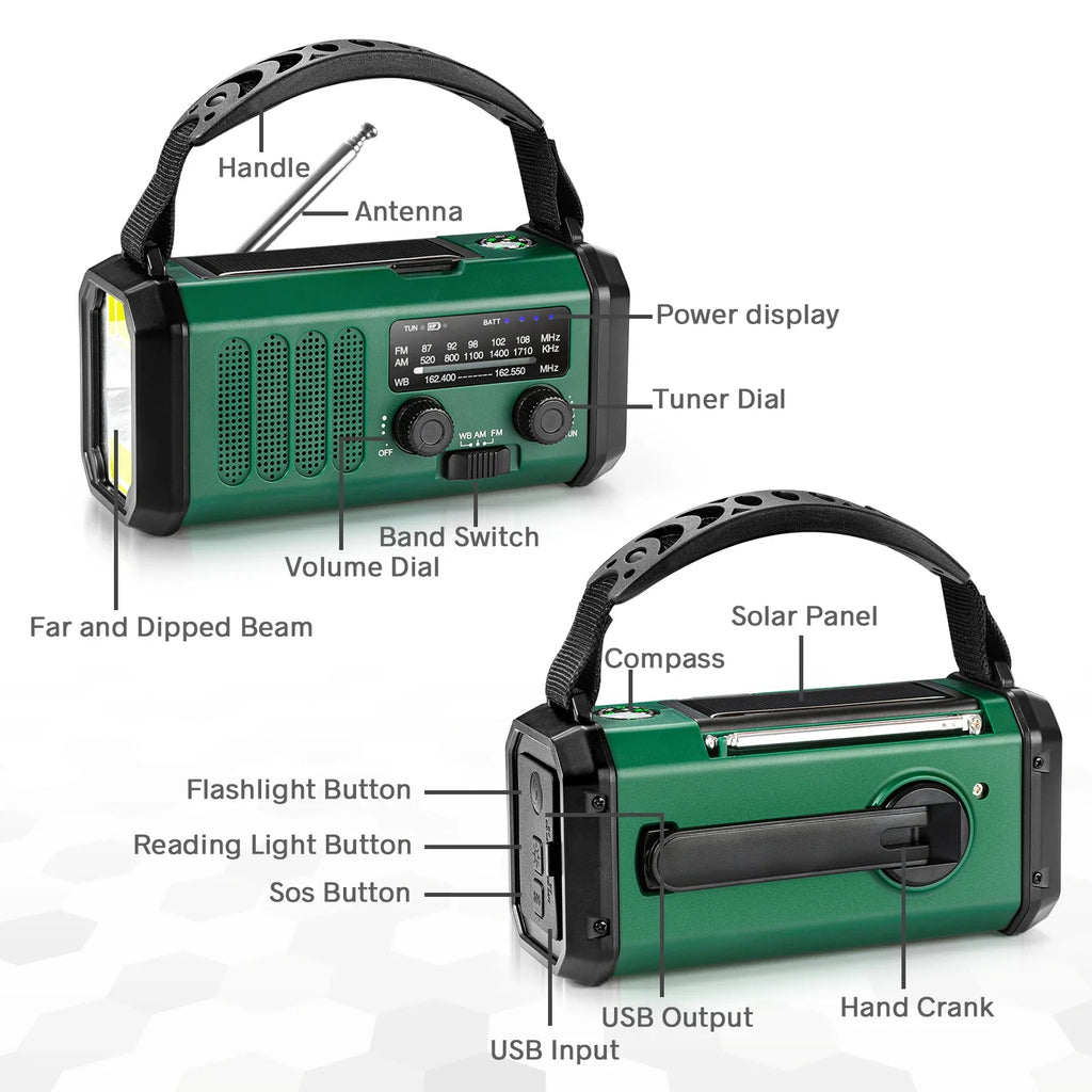 10000mAh Solar Hand Crank Emergency Radio Green