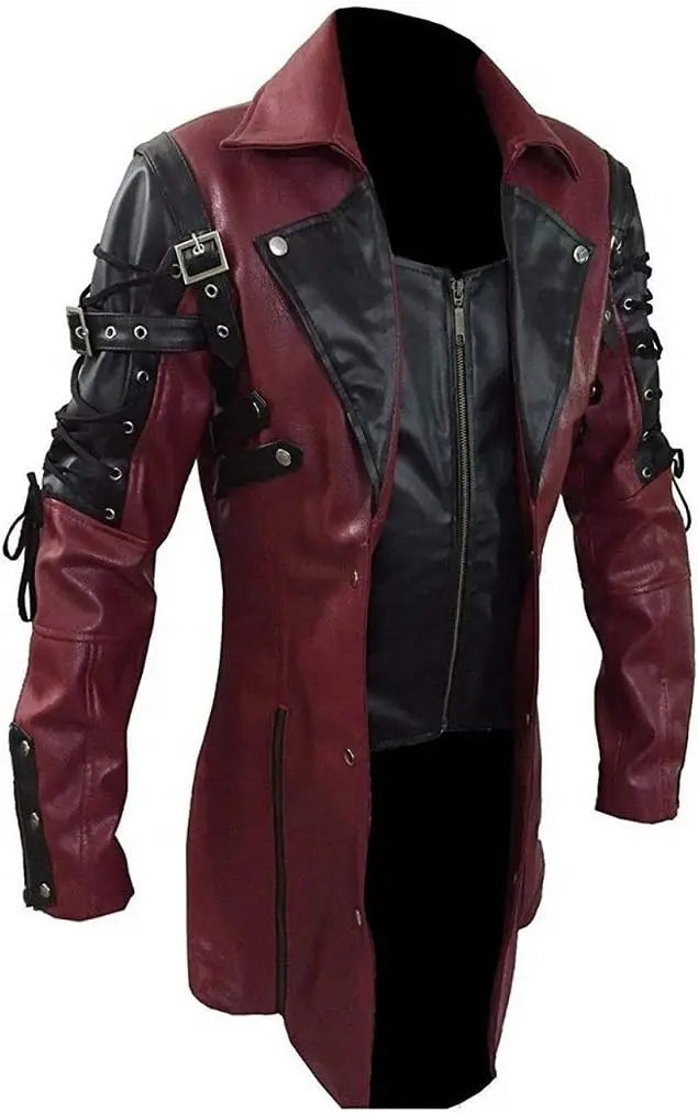 Mens Steampunk Faux Leather Trench Biker Jacket