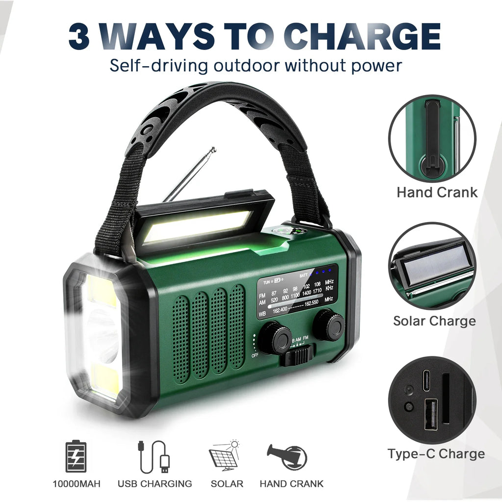 10000mAh Solar Hand Crank Emergency Radio Green