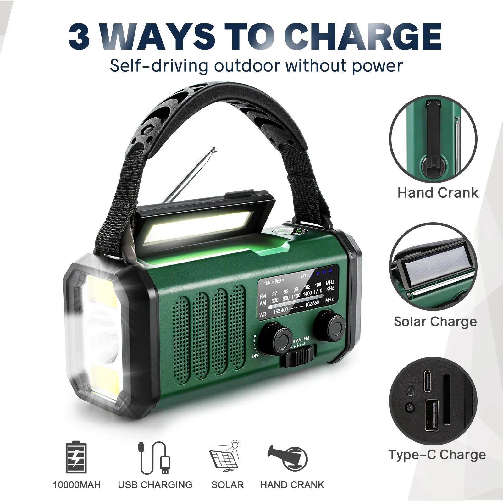 10000mAh Solar Hand Crank Emergency Radio Green