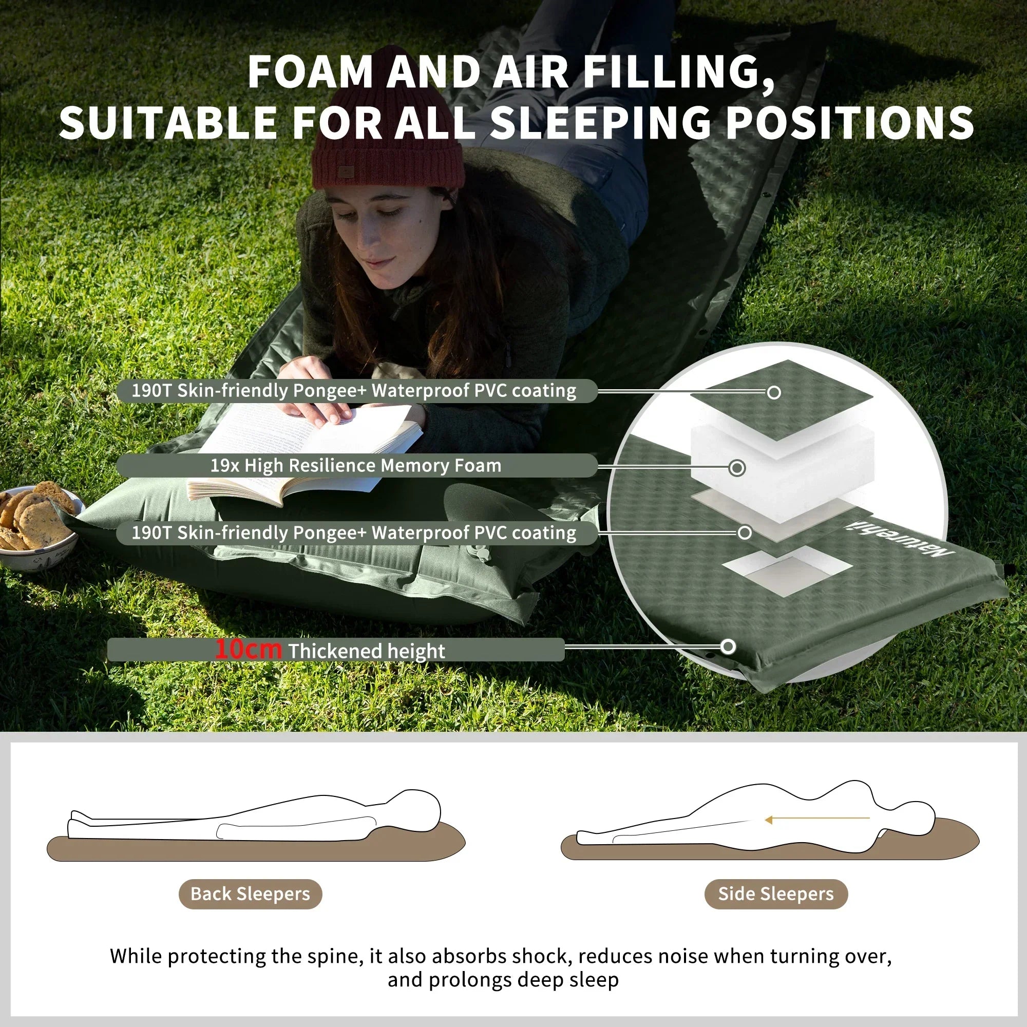 Self-Inflating Camping Air Mat with Built-in Pillow Green