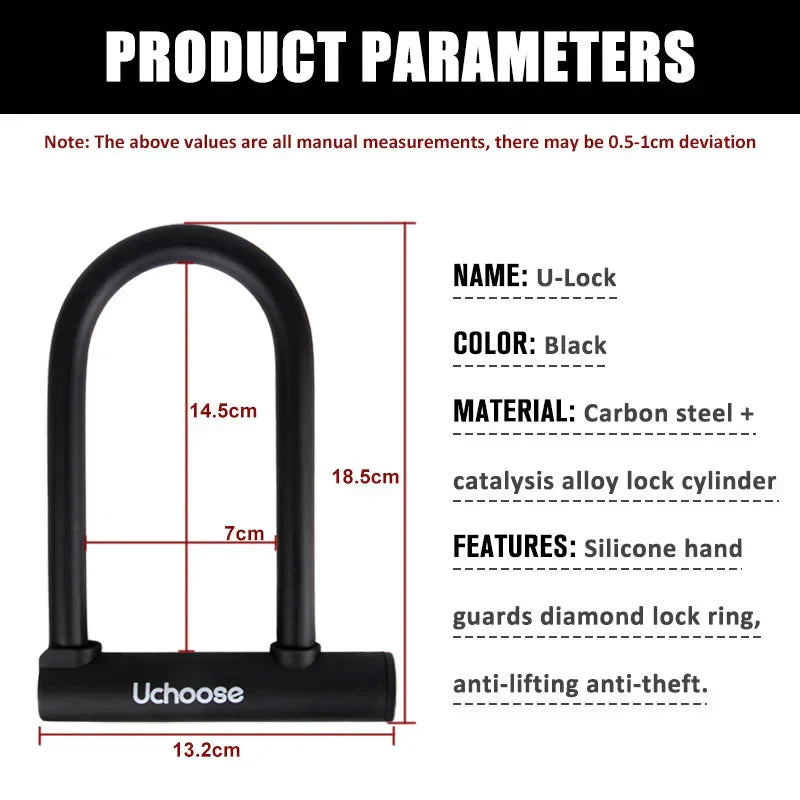 Heavy-Duty U-Shaped Motorcycle & Bicycle Anti-Theft Lock Black