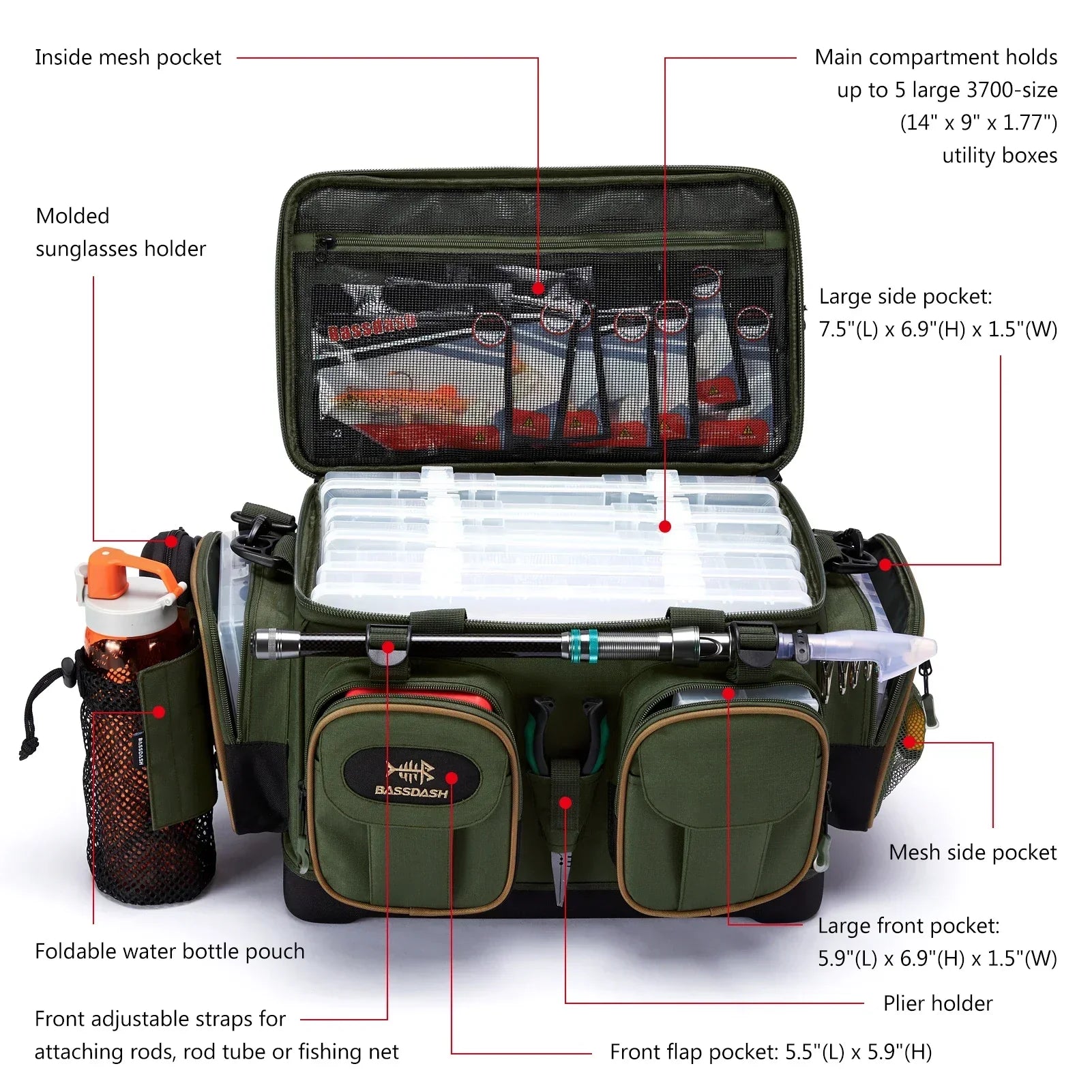 Fishing Tackle Shoulder Bag with Rain Cover Army Green