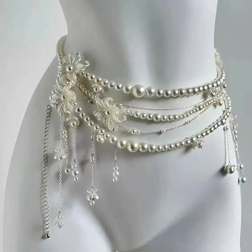 Retro Multilayer Pearl Waist Chain Belt Women (B)