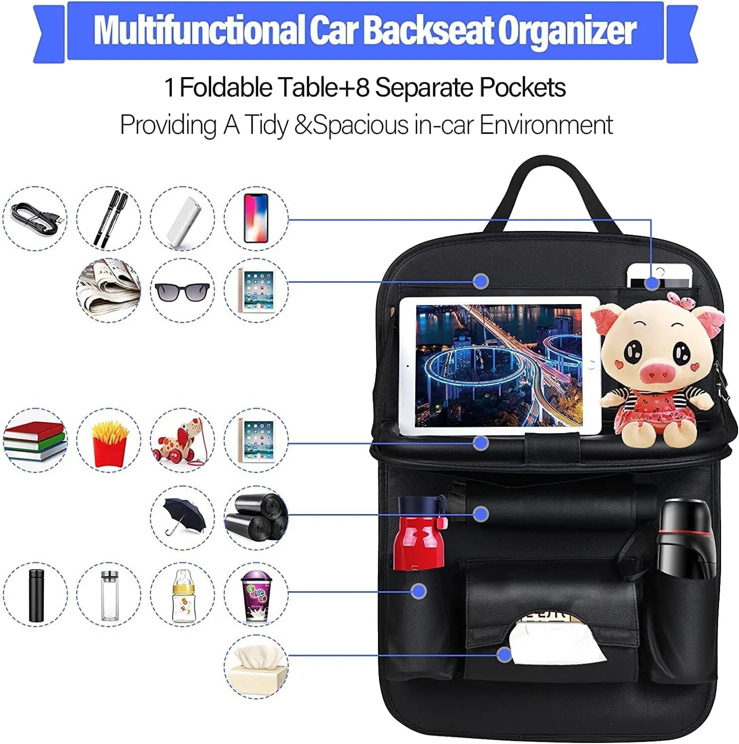 Car Seat Back Organizer with Foldable Table Tray PU Leather Storage Black