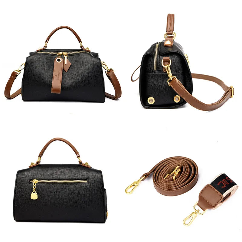 Crossbody Tote Bag Solid PU Leather Shoulder Women (Black)