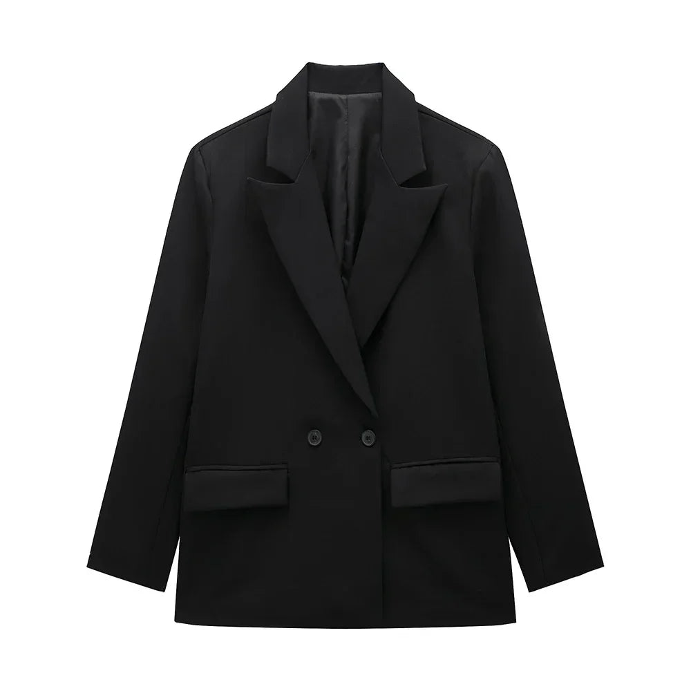 Womens Double Breasted Blazer with Pockets (Black)