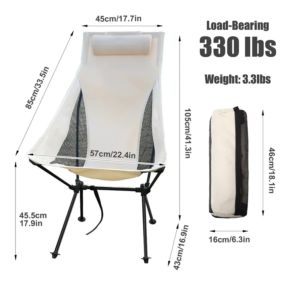 Portable Folding Camping Chair with Headrest Aluminum Beige
