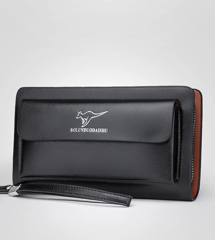Men Leather Clutch Bag Double Zipper Business (Black)