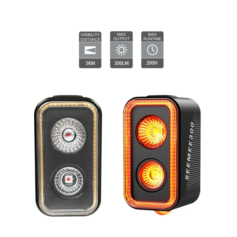 300 Lumen Smart Bike Taillight USB-C Rechargeable Light Black