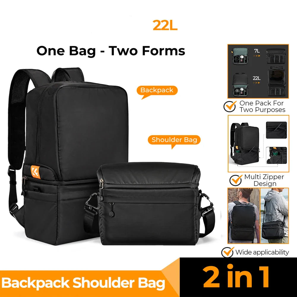 22L 2-in-1 Camera Backpack Sling Bag Black