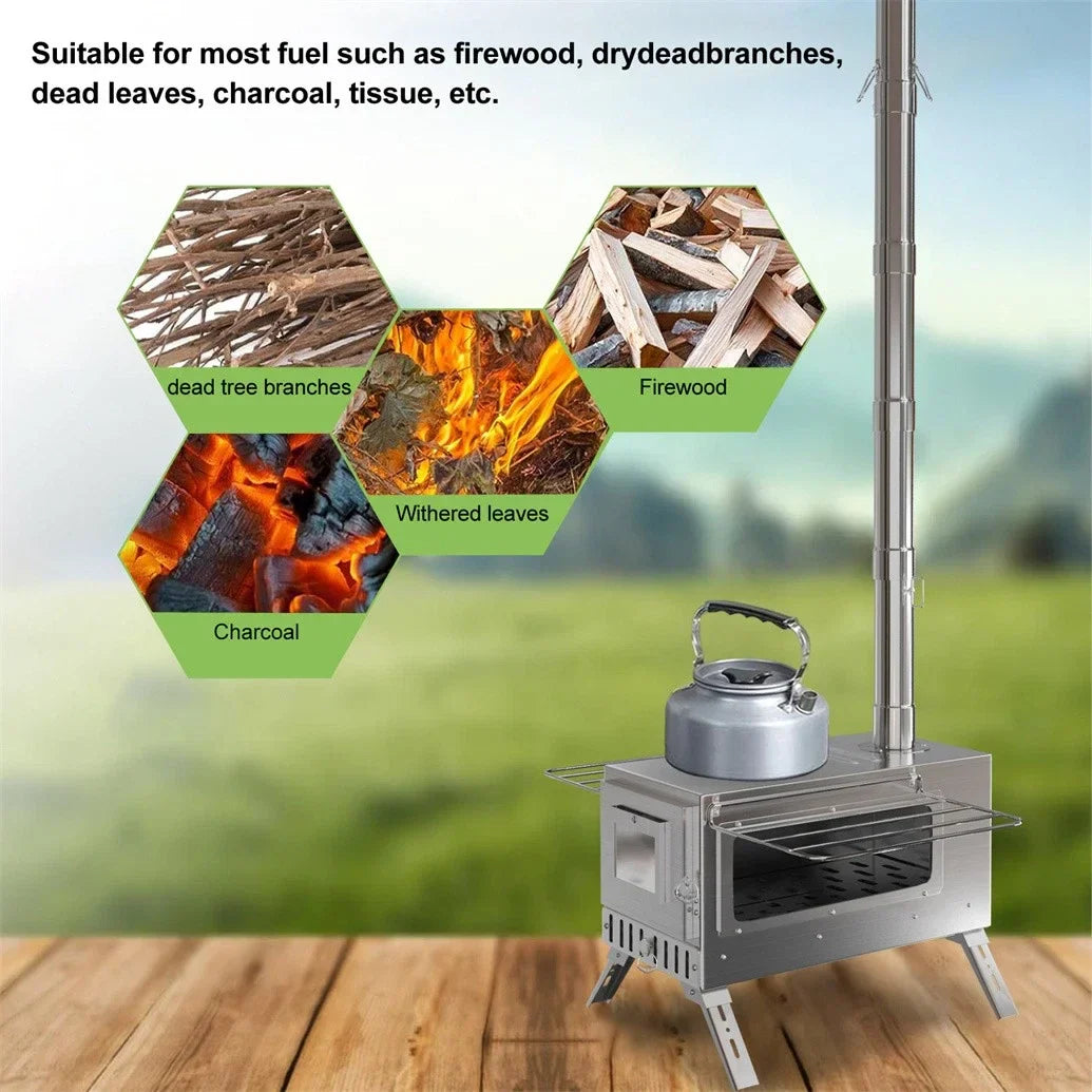 Portable Wood Burning Tent Stove with 6 Stainless Steel Chimney Pipes