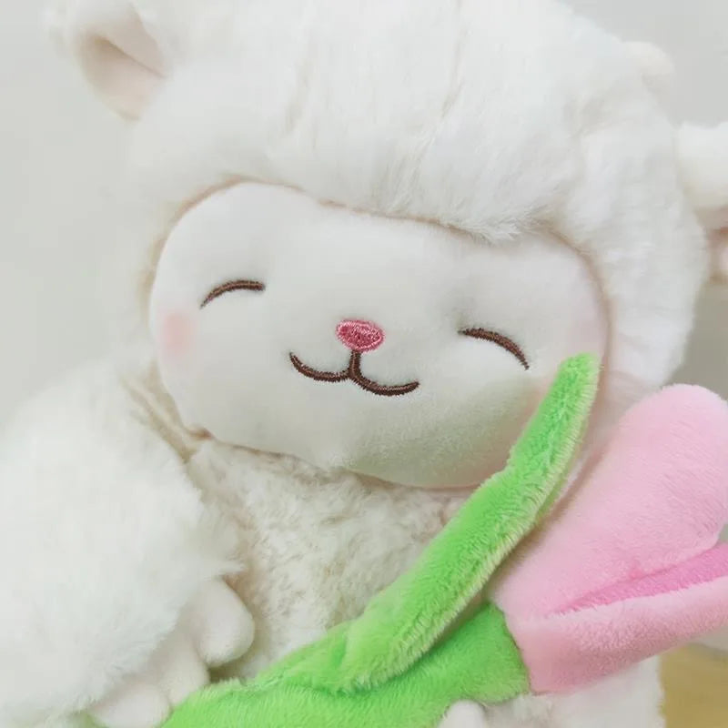 Kawaii White Sheep Lamb Plush with Tulip Flower