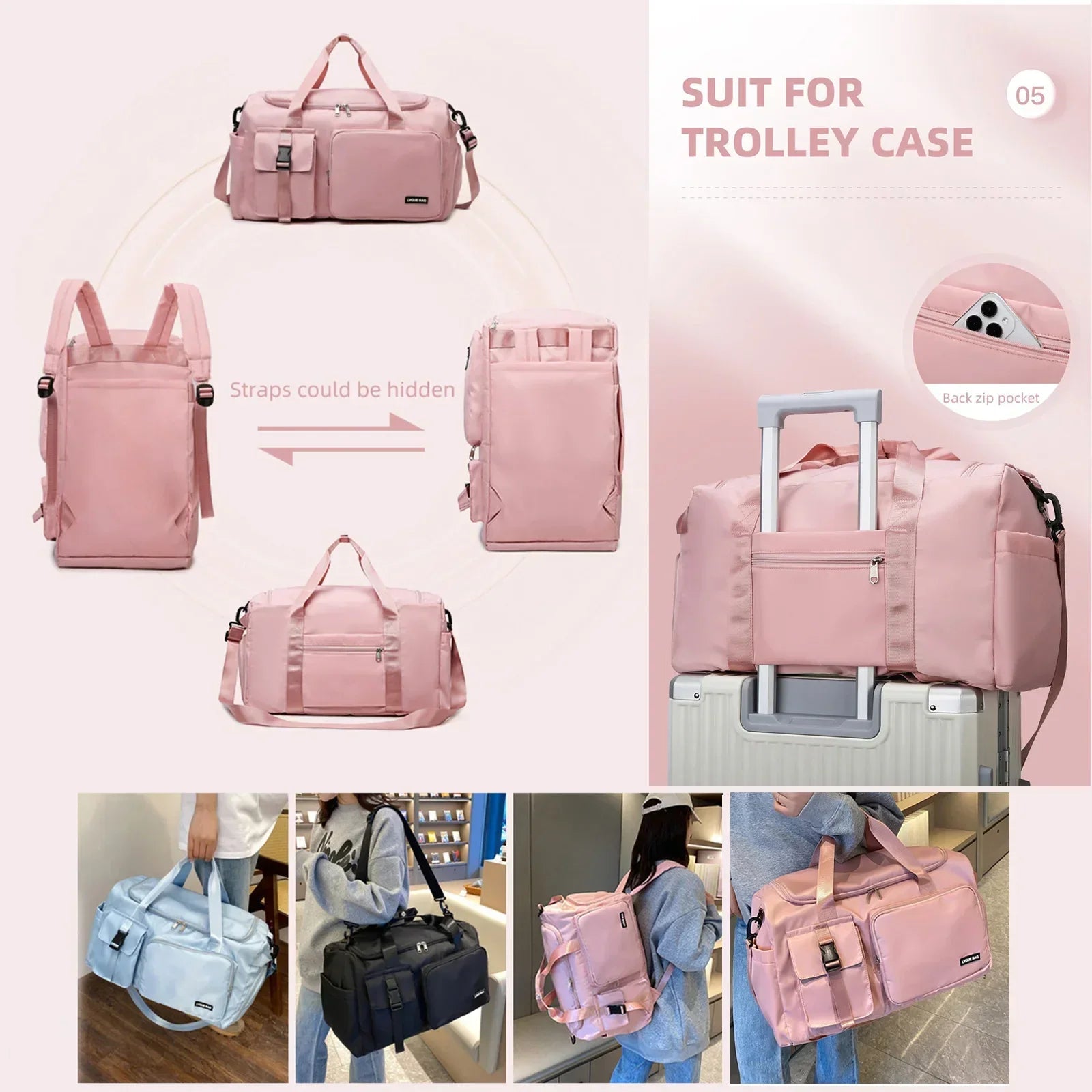 Travel Handbag Dry And Wet Separation Convertible Design Pink