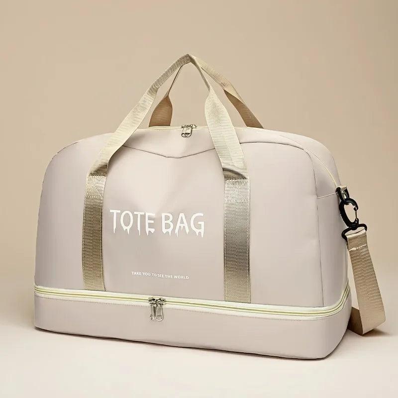 Travel Duffle Bag with Shoe Compartment & Strap (Beige)