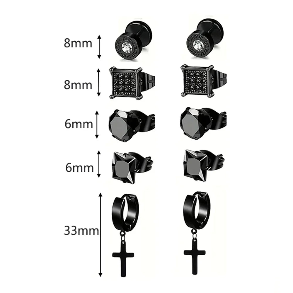 Earrings Stainless Steel 5 Pairs Set for Men (Black)