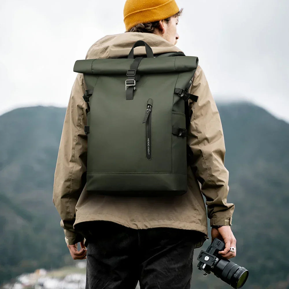 Expandable Waterproof Backpack Roll-Up Design with USB Charging Port Green