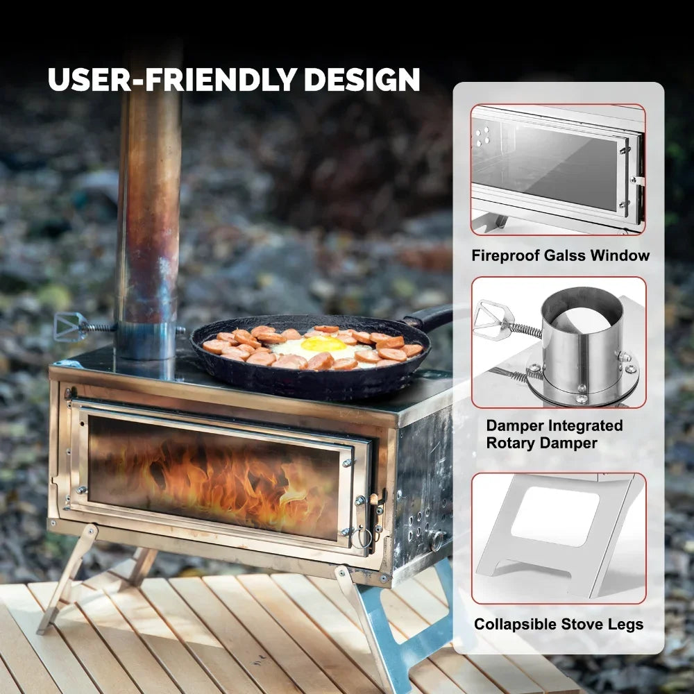 Portable Folding Wood Stove with Chimney Fastfold Tent Stove Silver