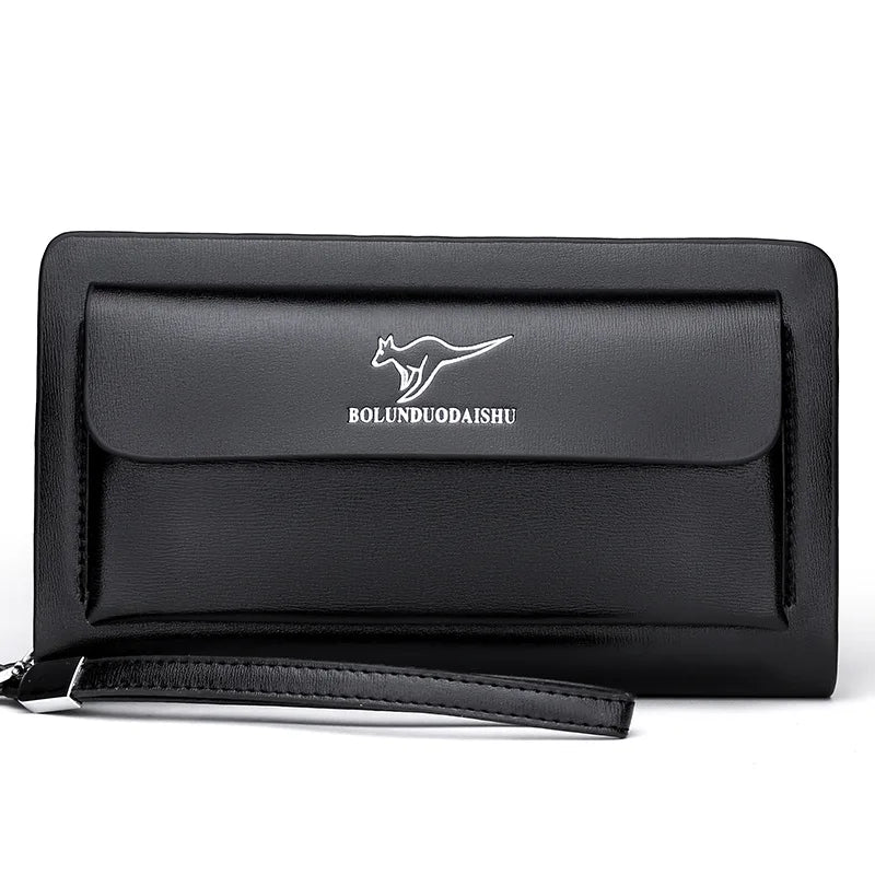 Men Leather Clutch Bag Double Zipper Business (Black)