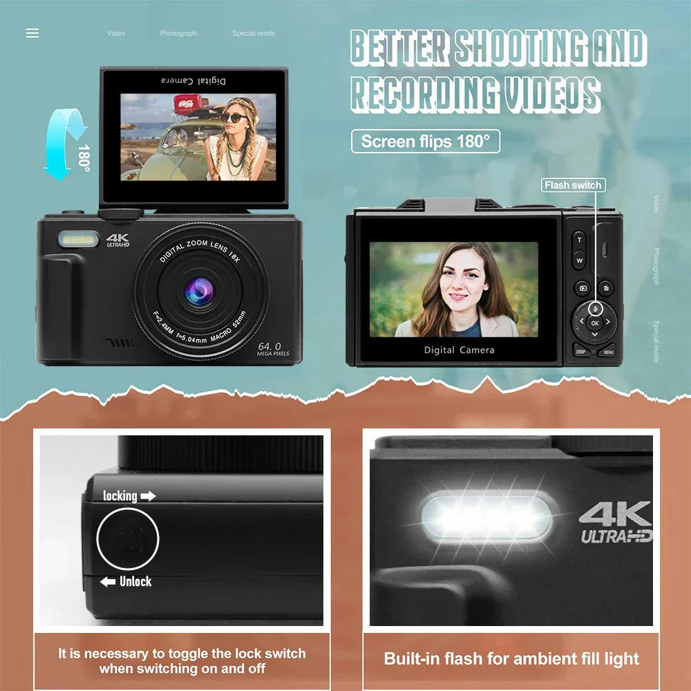 4K Digital Camera for Photography 64MP Vlogging Black
