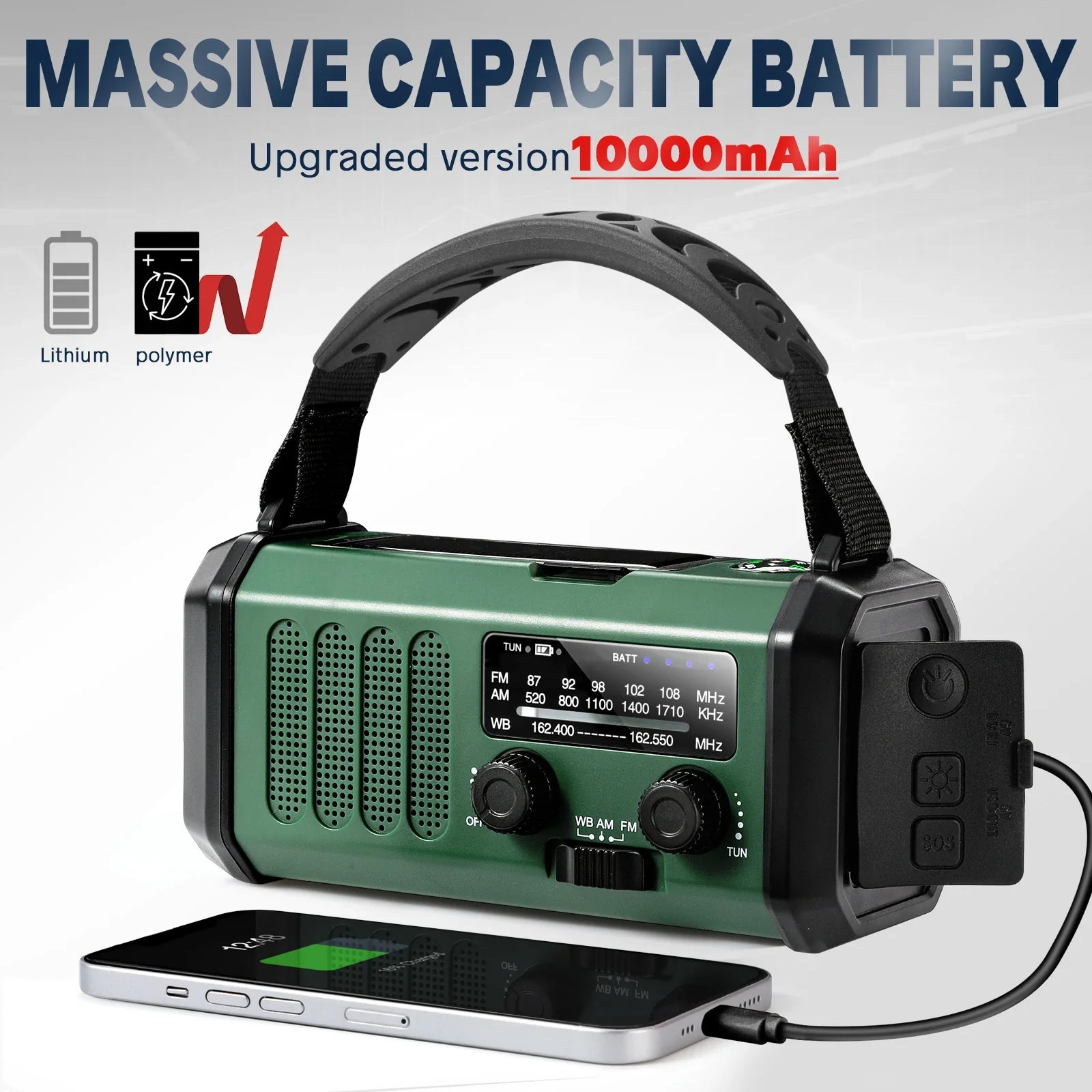 10000mAh Solar Hand Crank Emergency Radio Green
