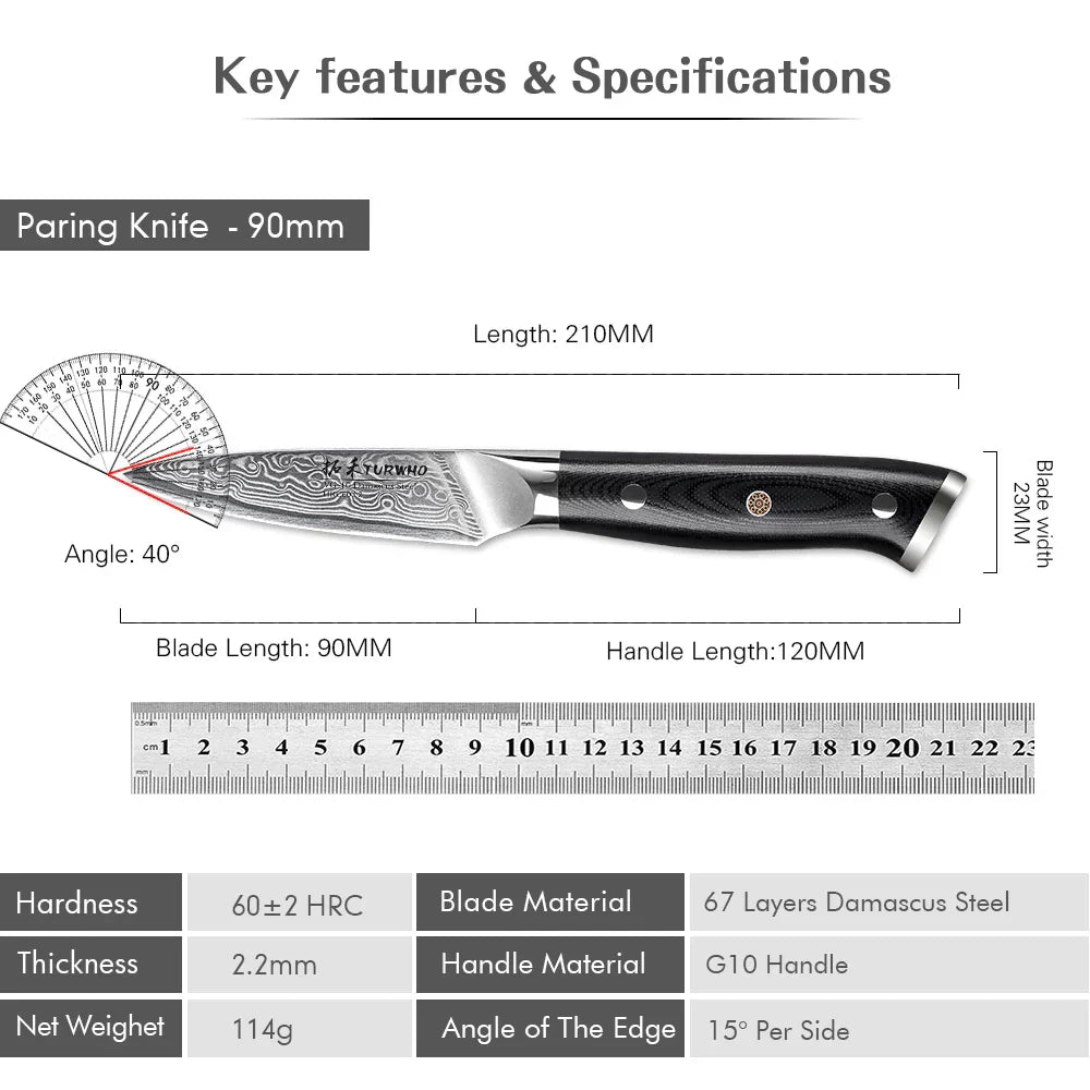 3.5-Inch Damascus Steel Paring Knife VG10 Core Cutter Black