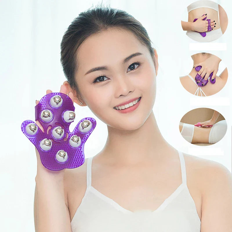 Palm-Shaped Massage Glove 9 Metal 360 Rollers Purple