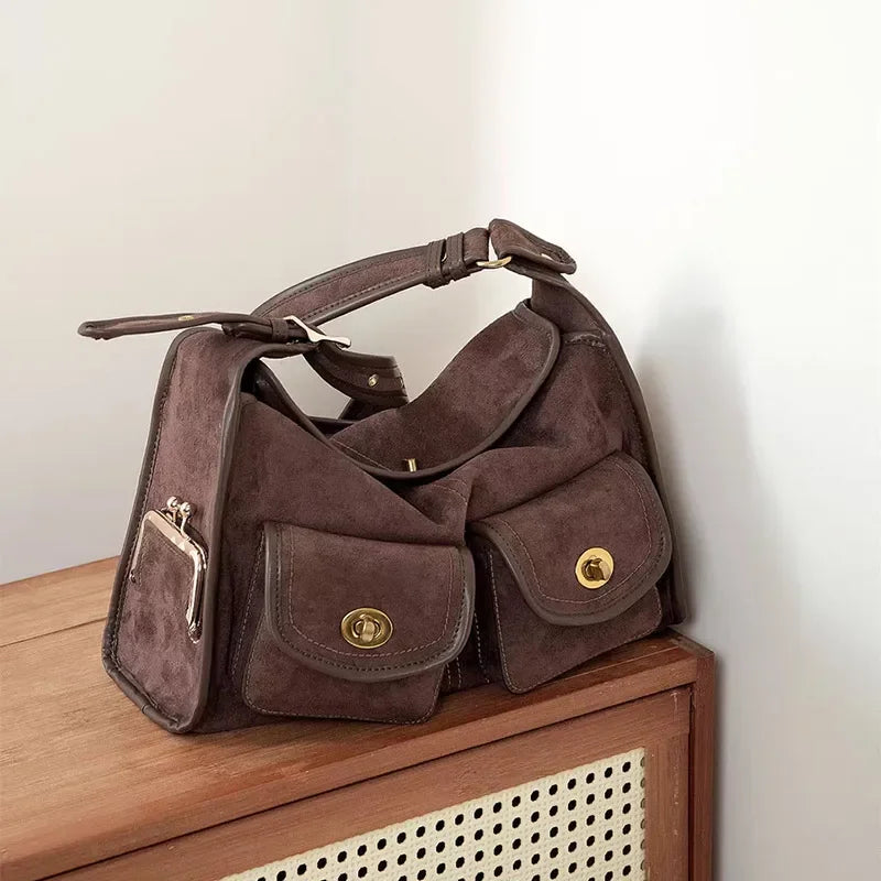 Vintage Suede Double Pocket Shoulder Bag