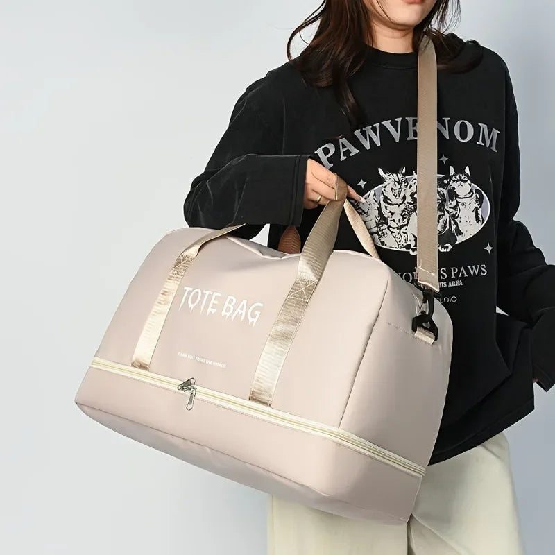 Travel Duffle Bag with Shoe Compartment & Strap (Beige)