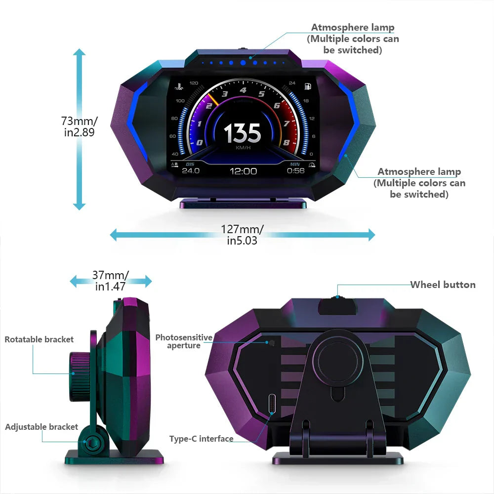AD Digital Car HUD GPS OBD2 Head Up Display with Slope Meter Black