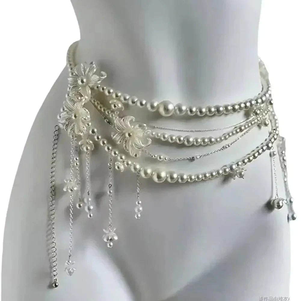 Retro Multilayer Pearl Waist Chain Belt Women (B)
