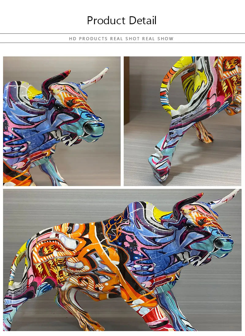 Graffiti Bull Figurine: Artistic Feng Shui Decor for Home and Office