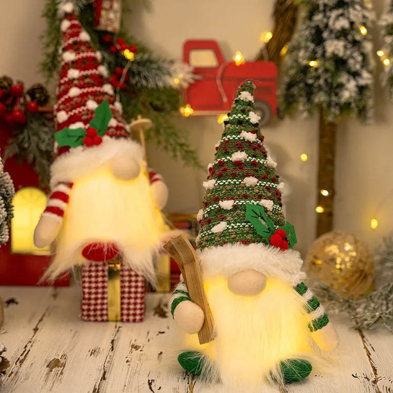 Enchanting Christmas Doll Sled Elf Ski Gnome with LED Light - 28cm (2pc Red Green)