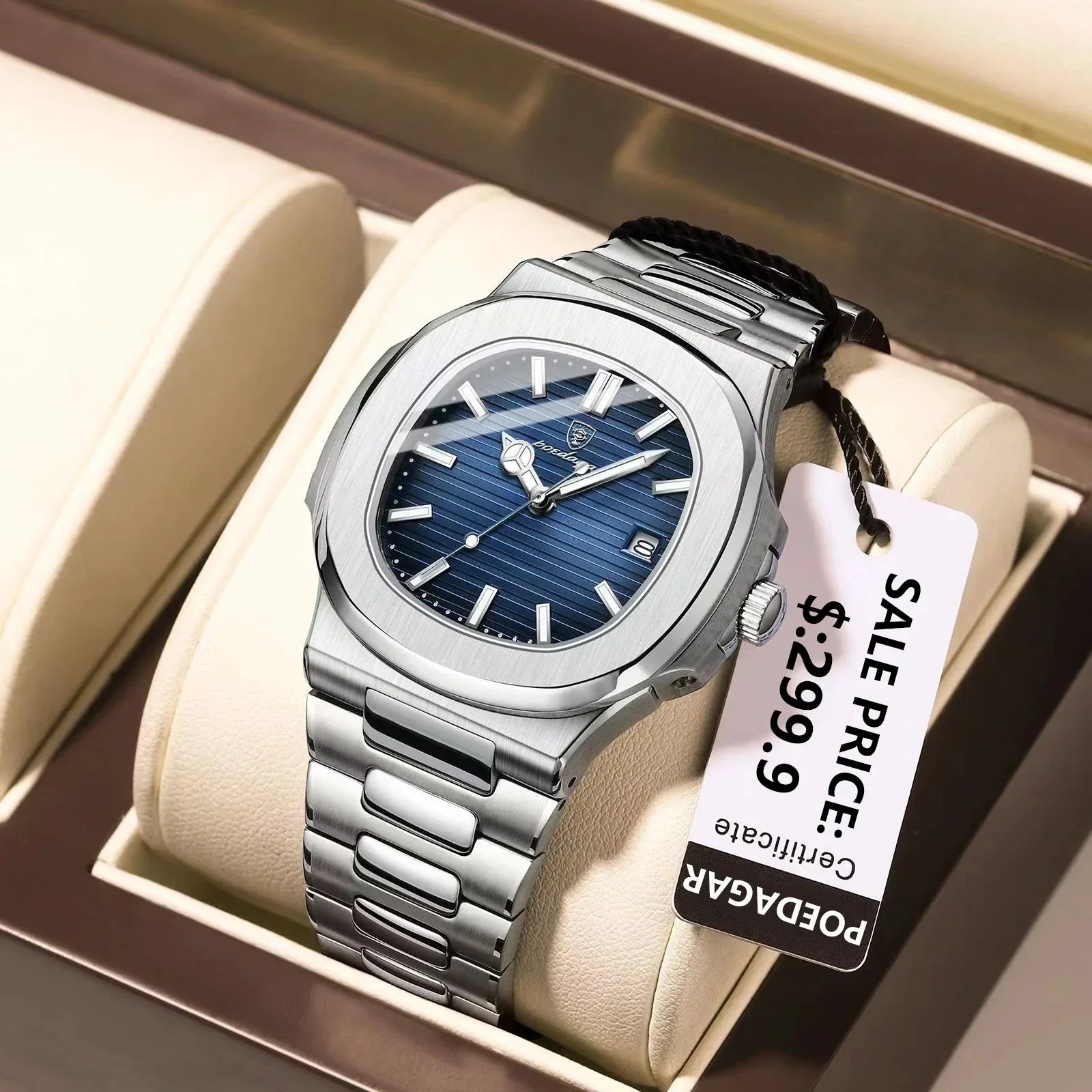 Watch for Men Stainless Steel Square Waterproof Quartz (Blue)
