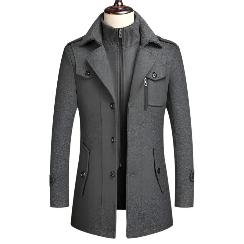 Men's Double Collar Wool Business Coat Winter (Gray)