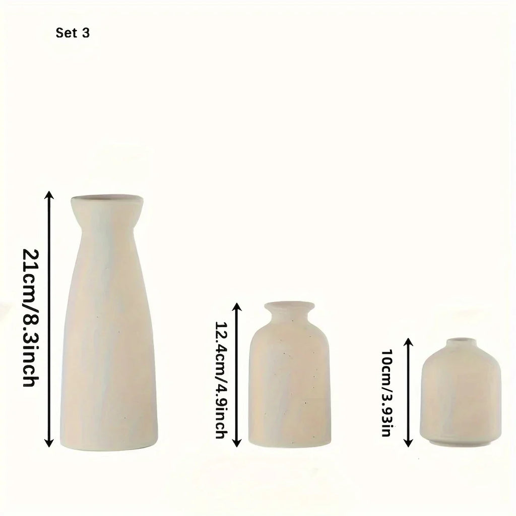 Set of 3 Ceramic Vases Rustic Farmhouse Decorative Beige