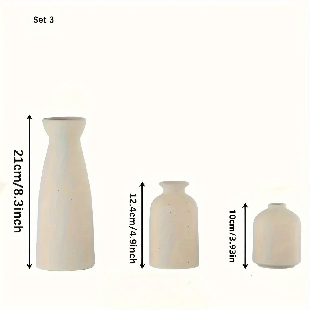 Set of 3 Ceramic Vases Rustic Farmhouse Decorative Beige