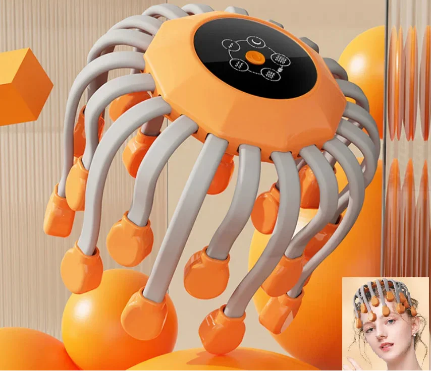 20-Head Scalp Massager with Red Light Therapy Octopus Scratcher Orange