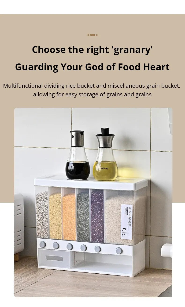 1pc Wall-Mounted Multi-Grid Food Dispenser - Large Capacity Rice Bucket