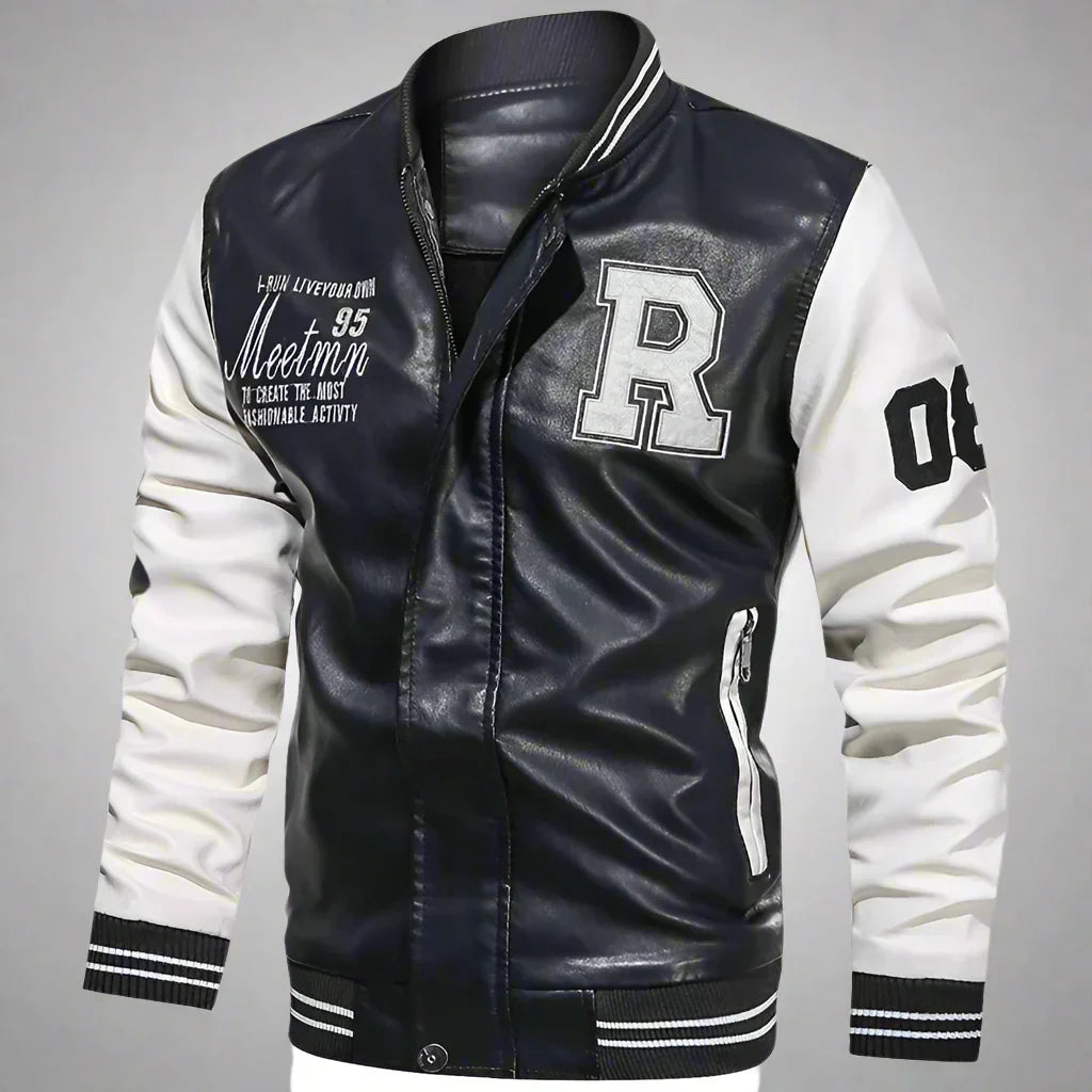 Men's PU Leather Moto Jacket (WHITE)(XL)