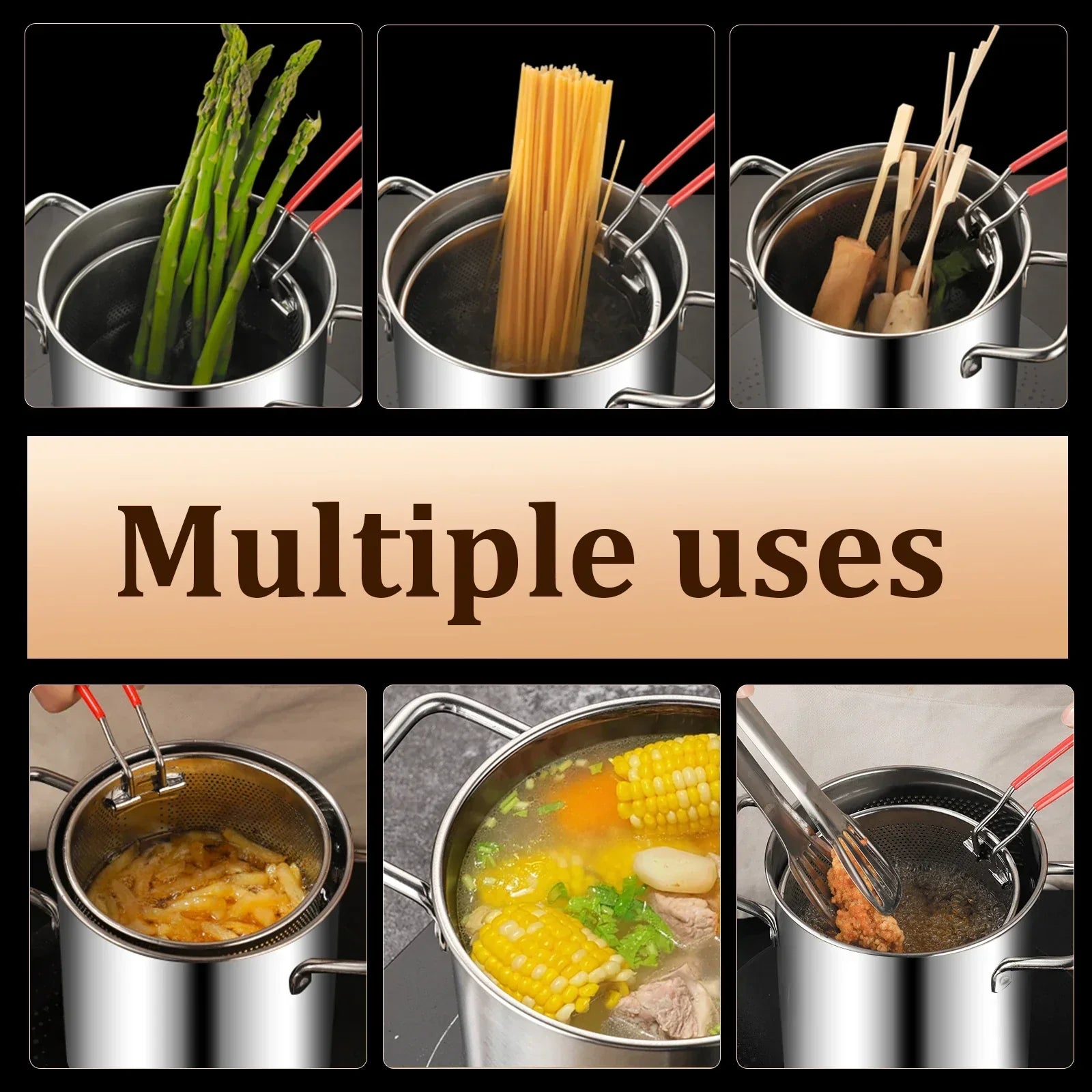 3PCS Deep Fryer Pot Set 304 Stainless Steel Fry Silver