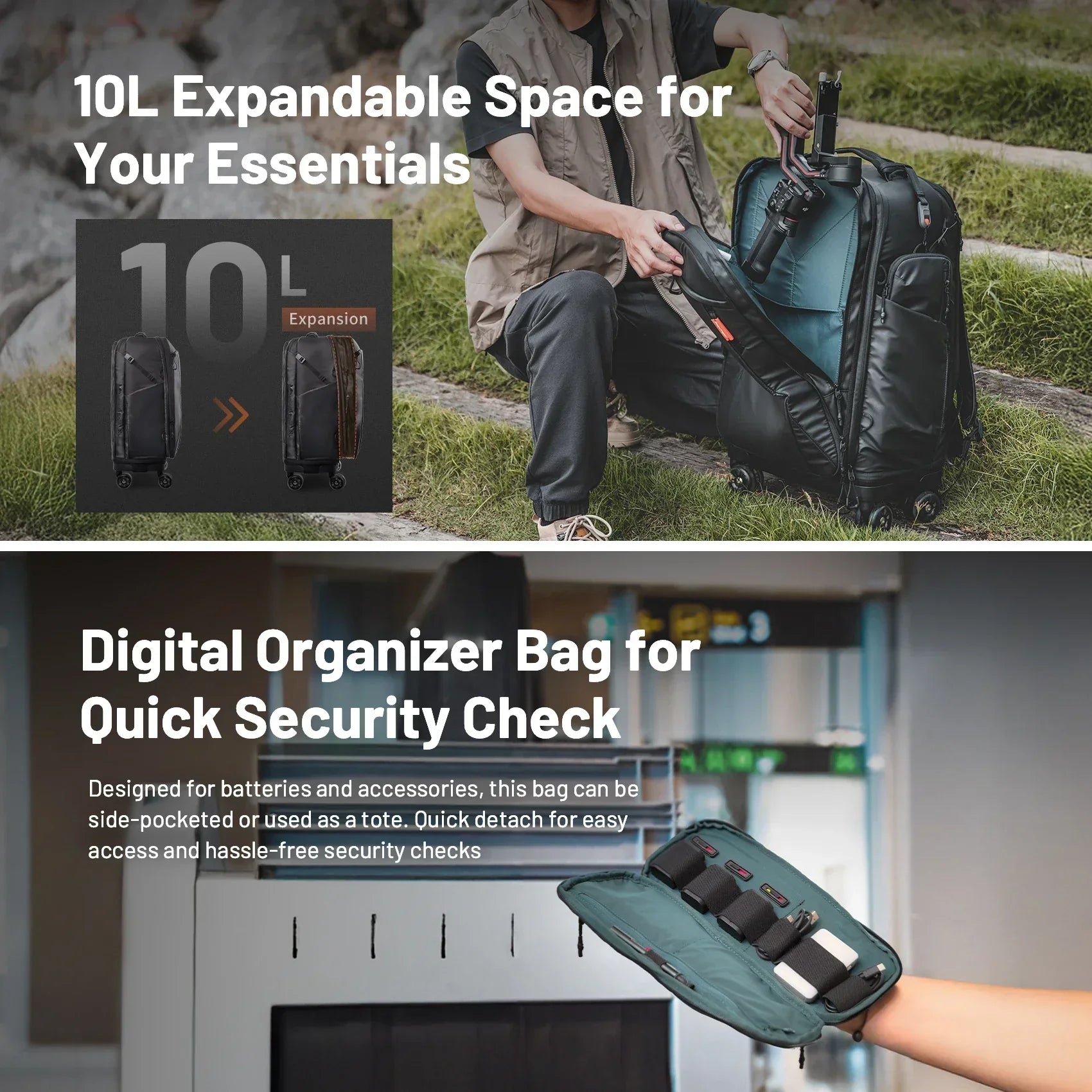 2-in-1 Outdoor Trolley Case Backpack Expandable Black