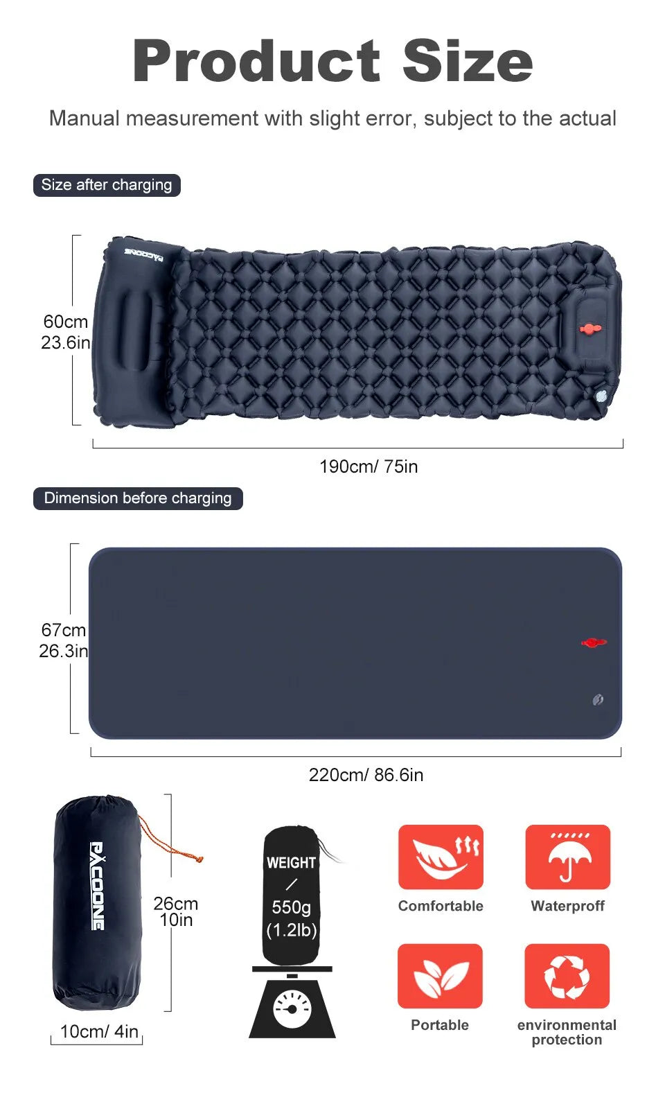 Ultralight Camping Inflatable Mattress with Built-In Pump and Pillows