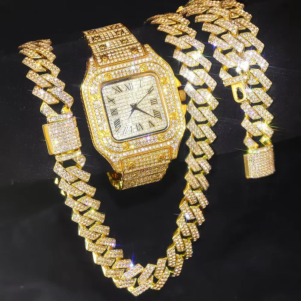 3pcs Men's Watch Set Square Watch Cuban Chain Bracelet (Gold)