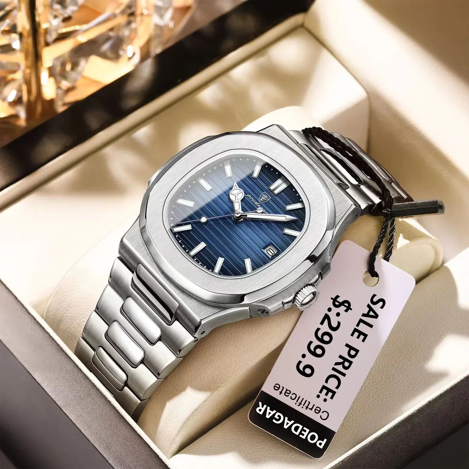 Watch for Men Stainless Steel Square Waterproof Quartz (Blue)