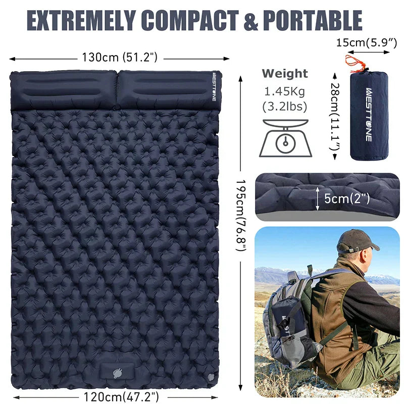 Double Inflatable Camping Mattress with Built-in Pillow Pump Navy Blue