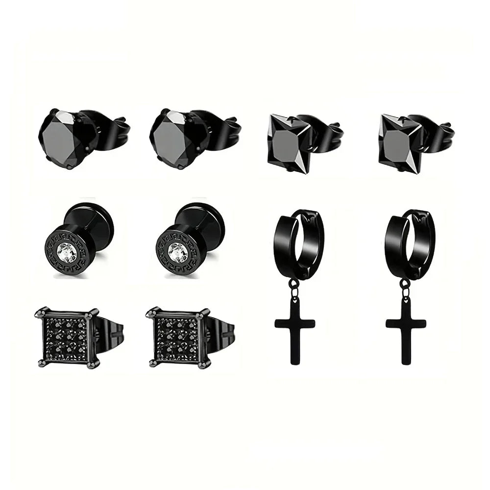 Earrings Stainless Steel 5 Pairs Set for Men (Black)