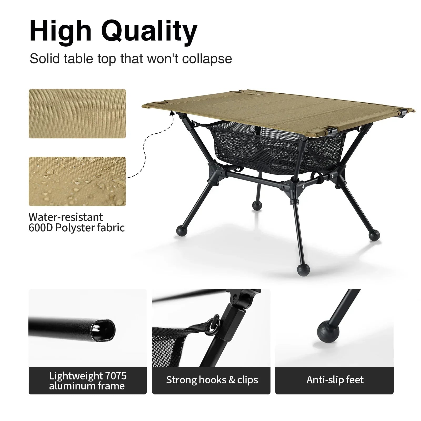 Camping Table with Mesh Storage Pouch Brown