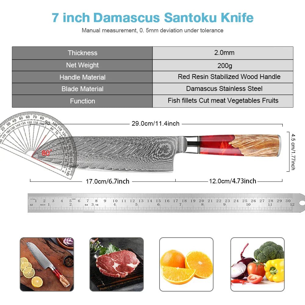 7-Inch VG10 Damascus Steel Chef Knife  Razor Sharp Red