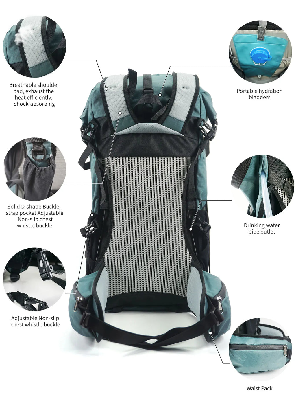 40L Waterproof Hiking And Camping Backpack Gray Blue